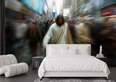 Jesus Christ walking through a modern crowded city street with motion blur Wall mural