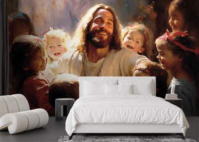 Jesus Christ with joyful children - Fine art oil painting style Wall mural