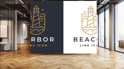 Lighthouse line icon. Light beacon logo. Nautical building emblem. Maritime harbor symbol. Coastal search light tower sign. Vector illustration. Wall mural