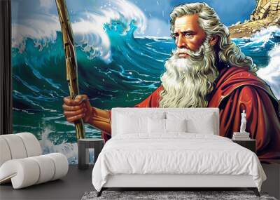 Moses with his staff parting the Red Sea illustration Wall mural