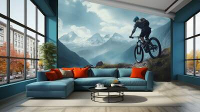 Mountain biker cyclist riding a bicycle downhill on a mountain bike trail. Outdoor recreational lifestyle adventure sport activity in nature Wall mural