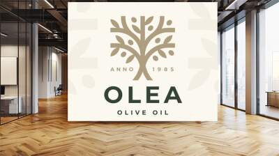 Olive tree logo mark design. Olea olive oil icon. Tree of life nature symbol. Fruit tree brand emblem. Organic product plant sign. Vector illustration. Wall mural