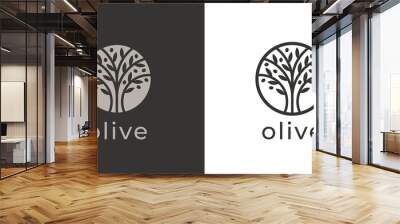 Olive tree logo. Extra virgin olive oil label icon. Tree of life symbol. Organic branch brand identity. Plant leaf sign. Vector illustration. Wall mural