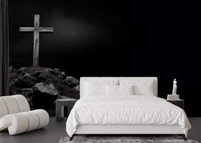 Religious Christian banner of a black and white wooden cross on rock hilltop with copy space Wall mural