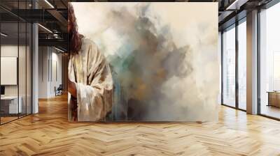 Religious Christian banner with copy space of Jesus Christ praying - artistic oil painting style Wall mural