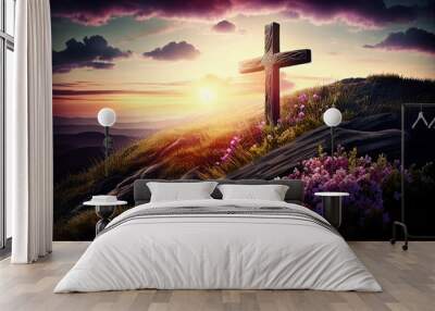 Religious cross on hilltop with spring flowers and sunrise. Christian art Wall mural