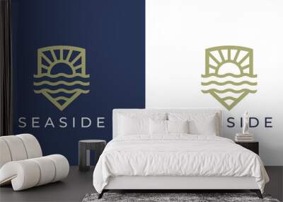 Seaside holiday resort line icon. Gold luxury beach hotel villas logo. Nature sunset boutique spa symbol. Sunshine and sea summer vacation travel emblem. Vector illustration. Wall mural