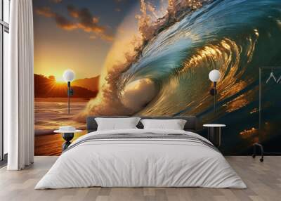 The perfect breaking wave barrel to surf at sunset. Generative AI illustration Wall mural