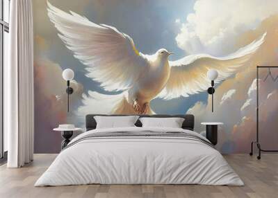 White dove flying painting - a symbol of peace and hope created with generative AI Wall mural