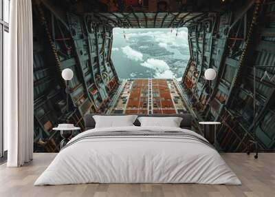 Cargo Plane Opening Bay. Cargo Plane Interior View Over City Below Amidst Clouds. Wall mural