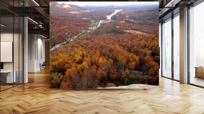 View To Red Colored Trees At Lake Lure And Broad River During Indian Summer From Chimney Rock North Carolina On A Cloudy Autumn Day Wall mural