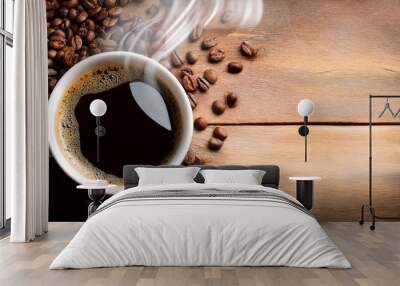 a cup of coffee with beans on a wooden background is shown in this copy space image which does not include any smoke Wall mural