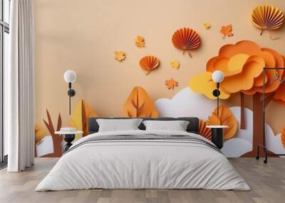 cute autumn background paper cut style generative ai Wall mural