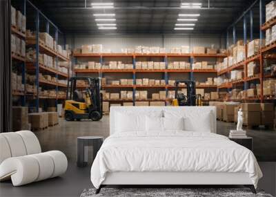 A retail warehouse full of shelves with merchandise in boxes. Complete with pallet and forklift Logistics and transportation, blurred background Distribution center. Wall mural