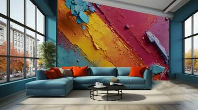 Abstract Colorful Strokes: A vibrant and textured abstract background with bold strokes of blue, yellow, and red, creating a dynamic and artistic effect. The chipped paint adds a sense of rawness  Wall mural