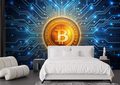 Bitcoin's Digital Dominion: A gleaming Bitcoin coin takes center stage, encased within a futuristic circuit board, symbolizing the cryptocurrency's dominance in the digital realm.  Wall mural