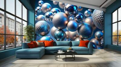 Blue Sphere Symphony: A mesmerizing dance of metallic orbs, reflecting light and pattern in a captivating display of abstract beauty.  Wall mural