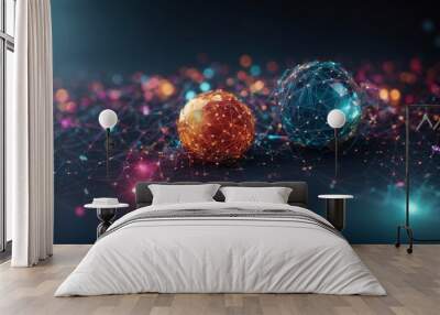 Cosmic Connection: A mesmerizing dance of energy and matter, as two abstract spheres, pulsate with vibrant energy, interconnected by a web of shimmering light.  Wall mural