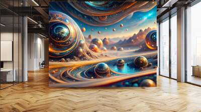 Cosmic Dreamscape: A mesmerizing abstract landscape with shimmering spheres and swirling galaxies, evoking a sense of wonder and the boundless possibilities of the universe.  Wall mural