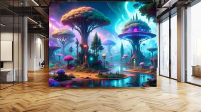 Enchanted Forest: A Mystical Nighttime Landscape with Glowing Trees and a Stream of Light   Wall mural