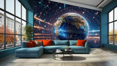 Global Network Convergence: Earth at the heart of a luminous digital web, symbolizing global communication and interconnectedness.  Wall mural