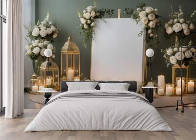 Golden Glow Wedding Welcome: An elegant white welcome sign, adorned with white roses and illuminated by golden lanterns, awaits wedding guests in a serene setting.  Wall mural