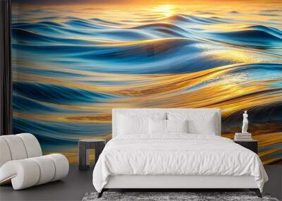 Golden Hour Waves: A mesmerizing close-up of the ocean's surface, bathed in the warm glow of a setting sun, captures the beauty and serenity of nature's artistry.  The swirling patterns of light and w Wall mural