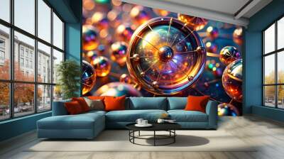 Golden Sphere Abstract: An abstract 3D rendering featuring golden spheres with intricate details, connected by glowing lines against a dark background. The vibrant colors and futuristic design create  Wall mural