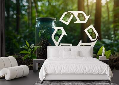 Green Rebirth: A translucent recycling symbol emerges from fertile soil, infused with vibrant green foliage, representing the cyclical renewal of nature and sustainable practices.  Wall mural