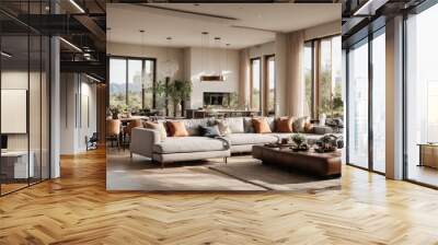 Modern Minimalist Living Room with Stunning Mountain Views: A spacious and stylish living room features a plush sectional sofa, a coffee table, and a fireplace, all bathed in natural light streaming t Wall mural