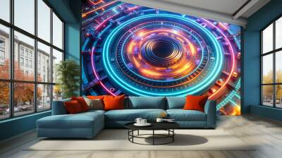 Neon Circuitry: An abstract digital art illustration of a futuristic motherboard with glowing neon lights, creating a mesmerizing visual of technology and innovation.   Wall mural