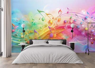 Rainbow Symphony: A vibrant, colorful wave of musical notes dances across a dreamy pastel background, capturing the essence of music's vibrant energy and joy. Wall mural