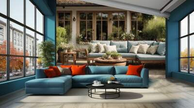 Serene Patio Oasis: An inviting outdoor living space with a plush sectional sofa, a rustic wooden coffee table, and lush greenery. The perfect setting for relaxation and entertaining.  Wall mural