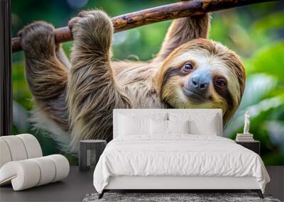 Smiling Sloth in the Canopy: A captivating portrait of a sloth hanging upside down from a branch, its gentle smile radiating tranquility amidst the lush rainforest.  Wall mural