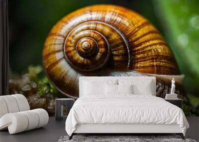 Snail Shell Macro: A close-up, macro photograph showcasing the intricate details of a snail's shell. The shell's spiral patterns and textures are highlighted against a blurred background of green foli Wall mural