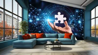 Hologram hand holding puzzle piece amidst digital connections. Wall mural