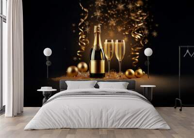 A bottle of champagne and two glasses on a table with gold confetti and ribbons around them. Wall mural