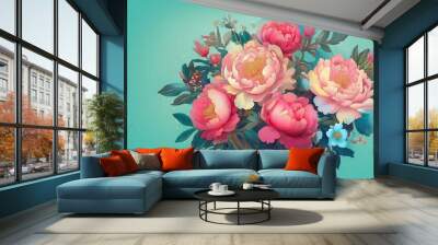 A bouquet of vibrant pink peonies with yellow centers and green leaves against a pale turquoise background. Wall mural