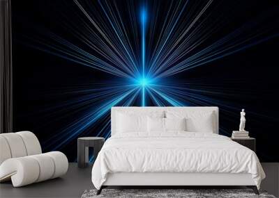 A bright blue light shines in the center of the image, surrounded by many radiating lines of light against a dark background. Wall mural