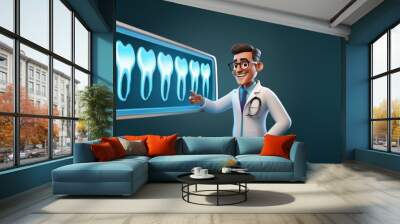 A cartoon dentist points to a digital x-ray of teeth. Wall mural