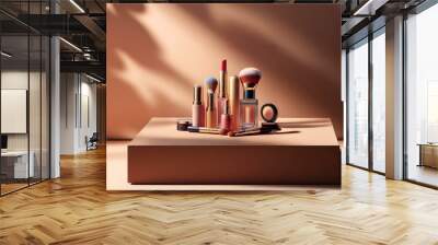 A collection of makeup products, including lipstick, foundation, and brushes, is displayed on a platform against a soft brown background. Wall mural