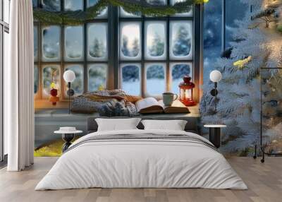 A cozy winter scene with a steaming cup of coffee, a book, and a lantern by a window with a snowy view outside. Wall mural