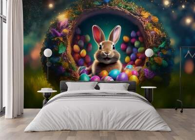 A cute brown bunny sits in a nest of colorful Easter eggs with a happy expression. Wall mural