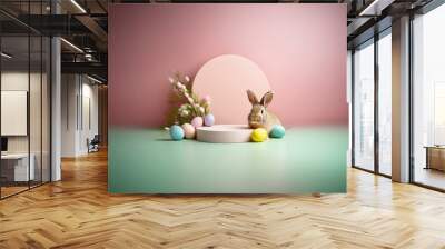 A cute bunny rabbit sits in front of a pastel pink backdrop with a white pedestal and colorful Easter eggs. Wall mural