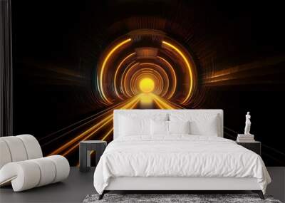 A dark tunnel with glowing orange lights and a bright, circular light at the end. Wall mural