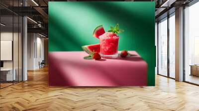 A glass of watermelon slushie with a slice of watermelon and two strawberries sitting on a pink surface against a green backdrop. Wall mural