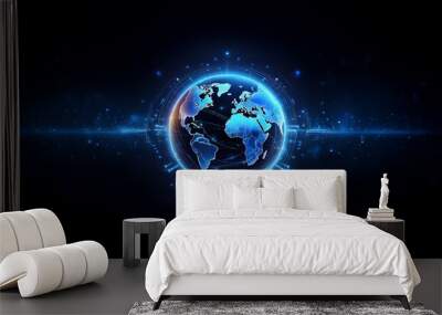 A glowing blue globe with a digital network of lines and dots on a dark background. Wall mural