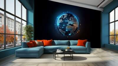 A glowing digital representation of the Earth with intricate blue and orange lines connecting various points. Wall mural