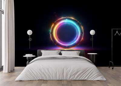 A glowing neon ring with a metallic border, illuminated against a black background. Wall mural