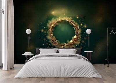 A golden Christmas wreath with pine needles and ornaments, surrounded by glittering particles and a green background. Wall mural